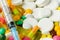 Pills, tablets, syringe, vitamins, drugs, medicine macro photo for background