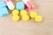 Pills yellow On wooden floor with copy space