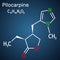 Pilocarpine molecule. It is natural alkaloid, used on the eye to treat elevated intraocular pressure, glaucoma