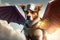 pilot dog with wings and superhero outfit, stopping villainous plot