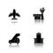 Pilot drop shadow black icons set. Aircraft, Flight control tower, passengers ladder, metal scanner gate. Isolated