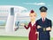 Pilot and Flight attendant of Commercial Airlines with the background of airplane