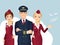 Pilot and Flight attendant of Commercial Airlines on the blue background