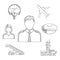 Pilot profession and aircraft sketched icons set