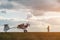 pilot with remote control plane for agricultural spraying launching at airfield