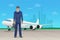 Pilot in uniform near airplane in airport. Vector illustration.