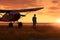Pilot walking away after a mission at sunset. Neural network AI generated