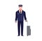 Pilot. Young capitan airplane. Male aircraft staff in dark blue uniform and hat with luggage, commercial journey aviator