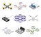 Pilotless Drone as Aerial Vehicle and Remote Control Panel Isometric Vector Set