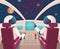 Pilots in spaceship. Shuttle cockpit with pilots in costumes vector cartoon space with planets