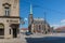 Pilsen town square with historic St Bartholomew cathedral and tourists