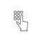 Pin code keypad, access security lock, hand pushing thin line icon. Linear vector symbol