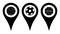 Pin location icons. A set of cartographic signs with the image of sports balls. Attach icons on a flat map to mark the