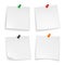 Pin notes. White note papers curled corner with pinned colored push button office board announcement message, realistic
