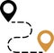 Pin and path icons as a route concept between locations