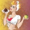 Pin-up fitness woman with cake dessert and apple