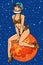 Pin up girl. Attractive astronaut woman alien in a futuristic retro costume