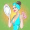 Pin-up housewife woman portrait in blue dress wash up plate. housekeeping, wife