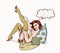 Pin up illustration of woman with the place for text.Pin up girl. Party invitation. Birthday greeting card.