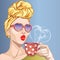 Pin-up style woman with morning cup of tea. Pop Art girl, heart sunglasses, head turban,