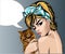 Pin up style woman portrait with cat, pop art girl speech bubble,