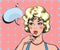 Pin up woman wondering. Pop art retro comic blond beauty