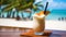 Pina Colada cocktail on the beach exotic cocktail with blurred blue ocean view and bounty beach white sand. Holiday,tropical