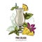 Pina colada cocktail, mint leaves and orchid flower