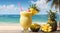 Pinacolada tropical Cocktail drink with pineapple and coconut in beach background. Pineapple Coconut Drink with summer vibes