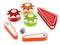 Pinball bumpers, flippers and metal ball on white background. 3D illustration