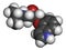 Pindolol beta blocker drug molecule. 3D rendering. Atoms are represented as spheres with conventional color coding: hydrogen (