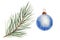 pine branch and blue Christmas tree toy. Hand drawn watercolor illustrations. Isolated cliparts for Christmas design