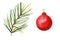 pine branch and red Christmas tree toy. Hand drawn watercolor illustrations. Isolated cliparts for Christmas design, New