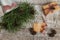 Pine branches and cones, craft gift and blank card top view