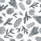 Pine branches and cones seamless pattern. Hand drawn spruce coniferous forest elements. Vector sketch illustration