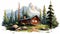 Pine Cabin In Western Natural Setting - Vector-style Graphics