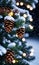 Pine Cones And Christmas Lights On A Snowy Tree At Nigh. Generative AI