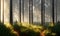 a pine forest, a dense thicket that begins to wake up in the early morning, Generative AI, Generative, AI