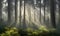 a pine forest, a dense thicket that begins to wake up in the early morning, Generative AI, Generative, AI
