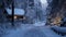 Pine forest in winter cowered with a thick white snow blanket and a star trail in the sky