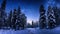 Pine forest in winter cowered with a thick white snow blanket and a star trail in the sky