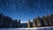 Pine forest in winter cowered with a thick white snow blanket and a star trail in the sky