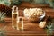 Pine nuts and bottles of Cedar pine nuts essential oil