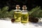 Pine oil promotion Glass bottles, branch, cones create captivating banner