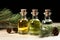 Pine oil promotion Glass bottles, branch, cones create captivating banner