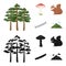 Pine, poisonous mushroom, tree, squirrel, saw.Forest set collection icons in cartoon,black style vector symbol stock