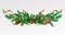 Pine tree branch realistic. Christmas garland, xmas tinsel border, poinsettia flower, leaf decor. Holly holiday