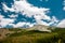 Pine tree forest on a steep slope in the Swiss Alps with blue sky and clouds. Picturesque and majestic scene.