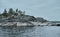 Pine trees on a rocky shore on an overcast day. Backdrop for travel layouts