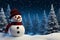 Pine trees and snowfall frame a charming snowman in winter